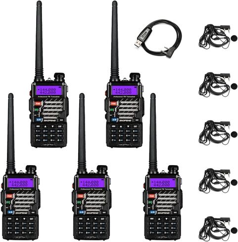 [5 عبوات] راديو Baofeng UV-5R ثنائي الاتجاه 144-148/420-450 ميجاهرتز جهاز اتصال لاسلكي مع بطارية ليثيوم أيون 1800 مللي أمبير في الساعة، كابل برمجة، سماعة رأس، مشبك حزام، حزام يد، شاحن سطح المكتب (أسود) in Kuwait