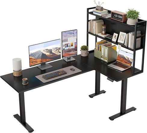 OffiGo L Shaped Electric Standing Desk, 63 Inch Reversible Corner Stand up Table with Hutch, Height Adjustable Ergonomic Large Lift Table for Home Office, Workstation, Black in Kuwait