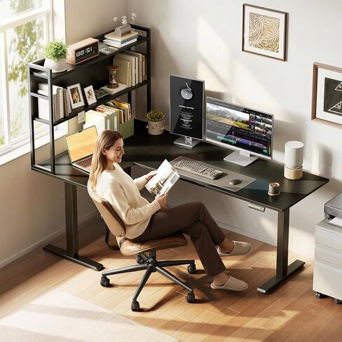 OffiGo L Shaped Electric Standing Desk, 63 Inch Reversible Corner Stand up Table with Hutch, Height Adjustable Ergonomic Large Lift Table for Home Office, Workstation, Black in Kuwait