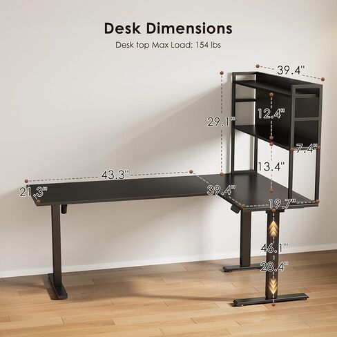 OffiGo L Shaped Electric Standing Desk, 63 Inch Reversible Corner Stand up Table with Hutch, Height Adjustable Ergonomic Large Lift Table for Home Office, Workstation, Black in Kuwait