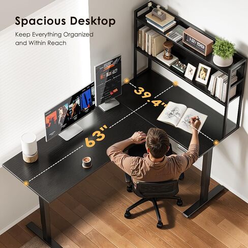 OffiGo L Shaped Electric Standing Desk, 63 Inch Reversible Corner Stand up Table with Hutch, Height Adjustable Ergonomic Large Lift Table for Home Office, Workstation, Black in Kuwait