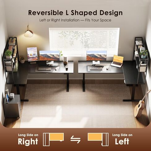 OffiGo L Shaped Electric Standing Desk, 63 Inch Reversible Corner Stand up Table with Hutch, Height Adjustable Ergonomic Large Lift Table for Home Office, Workstation, Black in Kuwait