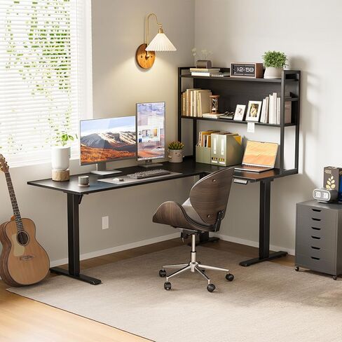 OffiGo L Shaped Electric Standing Desk, 63 Inch Reversible Corner Stand up Table with Hutch, Height Adjustable Ergonomic Large Lift Table for Home Office, Workstation, Black in Kuwait
