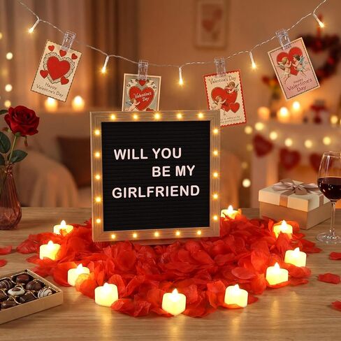 Ceenna Will You Be My Girlfriend علامة رومانسية مع لوحة أحرف LED مقاس 10 × 10 بوصة مصنوعة يدويًا من اللباد لوحة خشبية لافتة صور سلسلة أضواء، بتلات الورد على شكل قلب شموع LED للذكرى السنوية in Kuwait