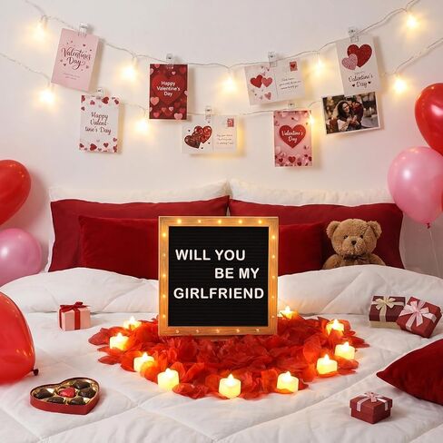 Ceenna Will You Be My Girlfriend علامة رومانسية مع لوحة أحرف LED مقاس 10 × 10 بوصة مصنوعة يدويًا من اللباد لوحة خشبية لافتة صور سلسلة أضواء، بتلات الورد على شكل قلب شموع LED للذكرى السنوية in Kuwait