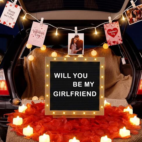 Ceenna Will You Be My Girlfriend علامة رومانسية مع لوحة أحرف LED مقاس 10 × 10 بوصة مصنوعة يدويًا من اللباد لوحة خشبية لافتة صور سلسلة أضواء، بتلات الورد على شكل قلب شموع LED للذكرى السنوية in Kuwait