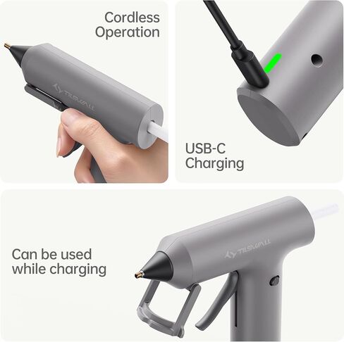 مسدس غراء ساخن لاسلكي من tilswall، تسخين مسبق سريع، مجموعة مسدس غراء وعصي مع 2 أمبير USB-C قابلة لإعادة الشحن، 20 عصا غراء ممتازة، حجم صغير بدرجة حرارة عالية مثالي للحرف اليدوية، صناعة يدوية، رمادي فاتح in Kuwait