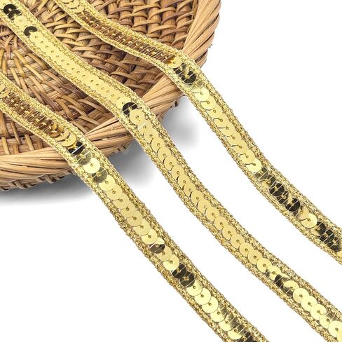 1/2 Inch Gold Sequin Trim, Metallic Glitter Beaded Ribbon for Sewing, Dresses, Costumes, Home Decor, Party Decoration, Clothing Embellishments, DIY Craft Projects in Kuwait
