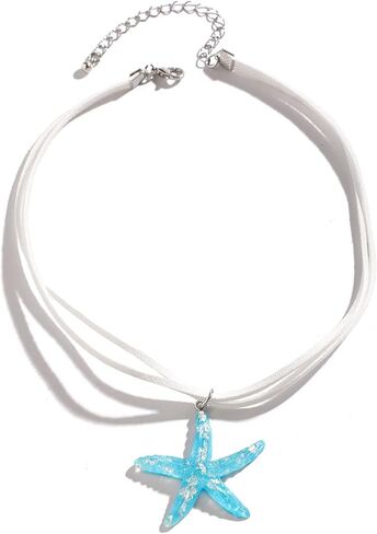 Starfish Fringe Necklace,Boho Layered Starfish Pendant Choker White Velvet Necklace Summer Beach Necklaces Jewelry for Women in Saudi Arabia