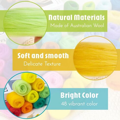 IcosaMro Needle Felting Kit 48 Color Wool Roving with Felting Needles 100 Pcs Wool Felt Supplies Tools Felt Working Pad in Kuwait