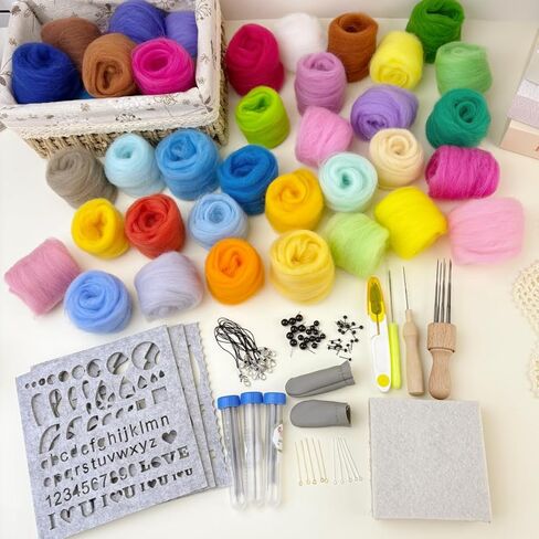 IcosaMro Needle Felting Kit 48 Color Wool Roving with Felting Needles 100 Pcs Wool Felt Supplies Tools Felt Working Pad in Kuwait