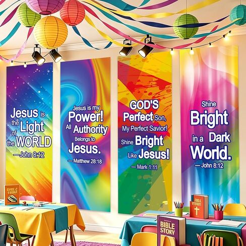 JarThenaAMCS 4Pcs VBS Decorations Neon Jesus Scripture Hanging Banner Sign Colorful Backdrop for Christian Vacation Bible School Church Party Wall Photo Prop in Kuwait
