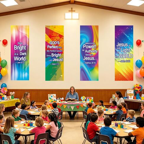 JarThenaAMCS 4Pcs VBS Decorations Neon Jesus Scripture Hanging Banner Sign Colorful Backdrop for Christian Vacation Bible School Church Party Wall Photo Prop in Kuwait