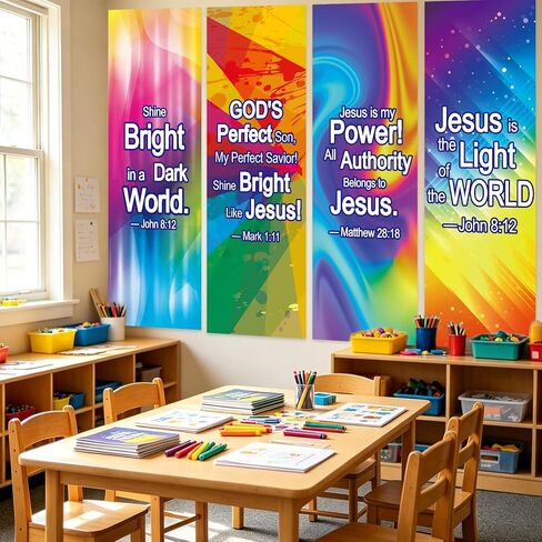 JarThenaAMCS 4Pcs VBS Decorations Neon Jesus Scripture Hanging Banner Sign Colorful Backdrop for Christian Vacation Bible School Church Party Wall Photo Prop in Kuwait