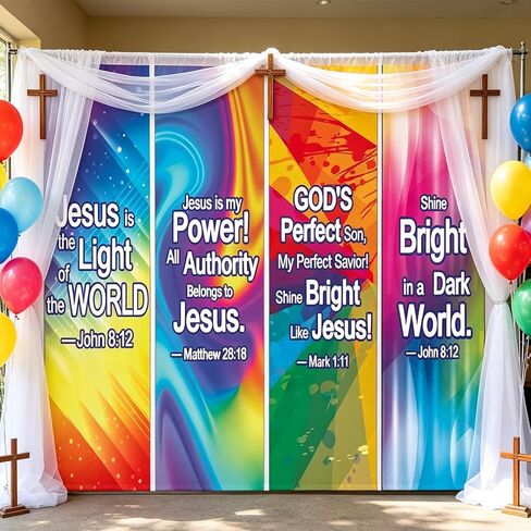 JarThenaAMCS 4Pcs VBS Decorations Neon Jesus Scripture Hanging Banner Sign Colorful Backdrop for Christian Vacation Bible School Church Party Wall Photo Prop in Kuwait