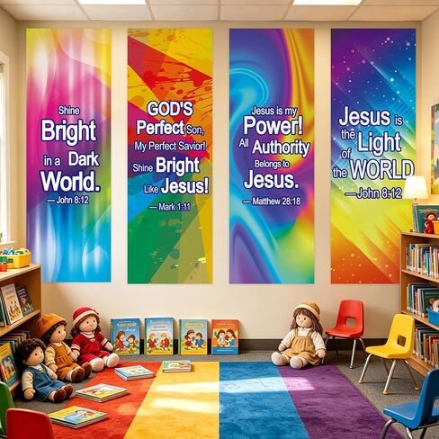 JarThenaAMCS 4Pcs VBS Decorations Neon Jesus Scripture Hanging Banner Sign Colorful Backdrop for Christian Vacation Bible School Church Party Wall Photo Prop in Kuwait