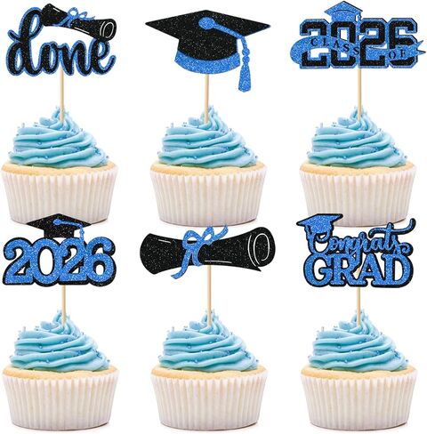 أغطية كب كيك التخرج باللون الأحمر 2026، 36 قطعة فئة لامعة من 2026 أغطية كب كيك لتزيين حفلات التخرج، قبعة التخرج، دبلوم تم إنجازه، تهانينا، اختيارات التخرج لمستلزمات حفلات الحلوى الغذائية in Kuwait