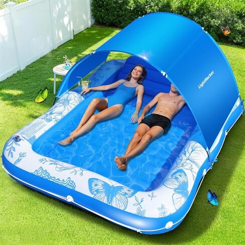 81"x60" Inflatable Tanning Pool Lounger Float with Canopy for Adult,Large Blow Up Sunbathing Bed & Water Raft,Butterfly Pool Floatie with Cup/Phone Holder,5 in 1 Floating Lounge for Pool,Lake,Backyard in Kuwait