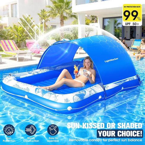 81"x60" Inflatable Tanning Pool Lounger Float with Canopy for Adult,Large Blow Up Sunbathing Bed & Water Raft,Butterfly Pool Floatie with Cup/Phone Holder,5 in 1 Floating Lounge for Pool,Lake,Backyard in Kuwait