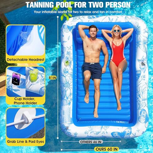 81"x60" Inflatable Tanning Pool Lounger Float with Canopy for Adult,Large Blow Up Sunbathing Bed & Water Raft,Butterfly Pool Floatie with Cup/Phone Holder,5 in 1 Floating Lounge for Pool,Lake,Backyard in Kuwait