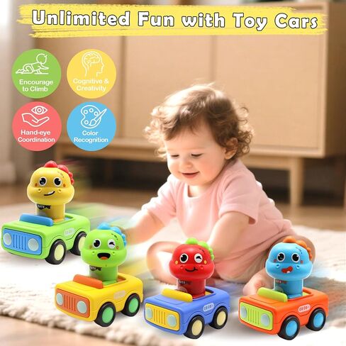 Pbooo Toys for 1 Year Old Boy, Press and Go Car Toys for Toddlers 1-3, Push and Go Animal Toy Cars Set, Birthday Gifts for 1 2 Year Old Boys, Baby Toys 12-18 Months in Kuwait