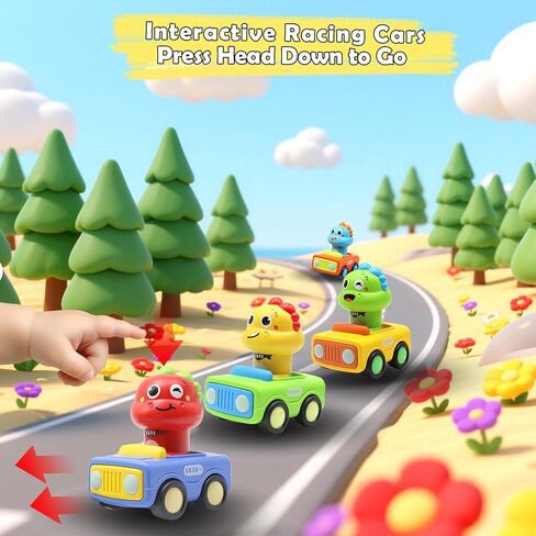 Pbooo Toys for 1 Year Old Boy, Press and Go Car Toys for Toddlers 1-3, Push and Go Animal Toy Cars Set, Birthday Gifts for 1 2 Year Old Boys, Baby Toys 12-18 Months in Kuwait