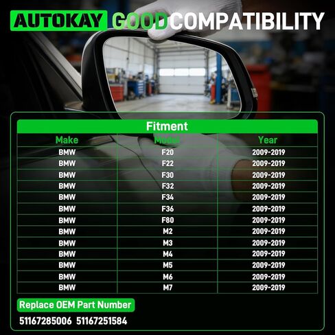 مرآة جانبية للركاب الأيمن من AUTOKAY مع تركيبات ساخنة لسلسلة BMW M2-M7، F20 F22 F30 F32 F34 F36 F80، 228i 320i 328i 330i 335i 428i 430i 435i 535i 550i 640i 2009-2019، مرآة جانبية للركاب زجاج in Kuwait