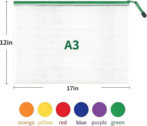 6pcs Mesh Zipper Pouch Bags, A3 17x12 Inches Large Reusable Plastic Zipper Pouches Bag for Organizing Office, File, School, Classroom, Cross Stitch Projects, Puzzle & Board Game Storage Bags in Kuwait
