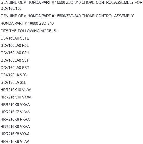 Replacement for HONDA GENUINE PART # 16600-Z8D-840 CHOKE CONTROL ASSEMBLY FOR GCV160/190 OEM in Kuwait