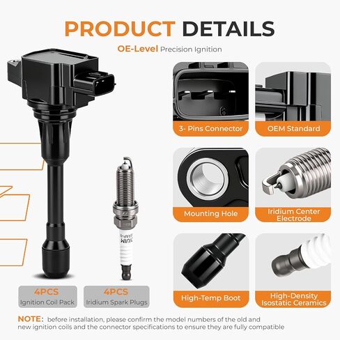 Ignition Coil Pack & Iridium Spark Plugs Kit Set of 4 for Nissan 2013-2019 Sentra 2007-2018 Altima 2008-2013 Rogue Versa Cube NV200 1.6L-2.5L L4 Engine – Replace UF549 91187 | Autoexact in Kuwait