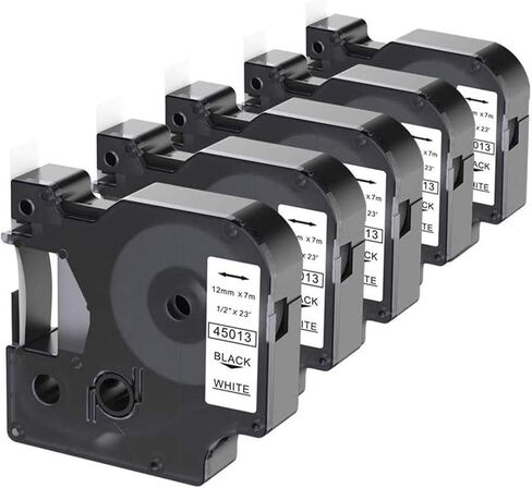 5 عبوات بديلة لشريط الملصقات Dymo D1 1/2 بوصة أسود على أبيض 45013 S0720530 متوافق مع صانع الملصقات Dymo LabelManager PnP 160 210D 260P 280 360D 420P 450D، 12 مم × 7 م، 23 قدم in Saudi Arabia