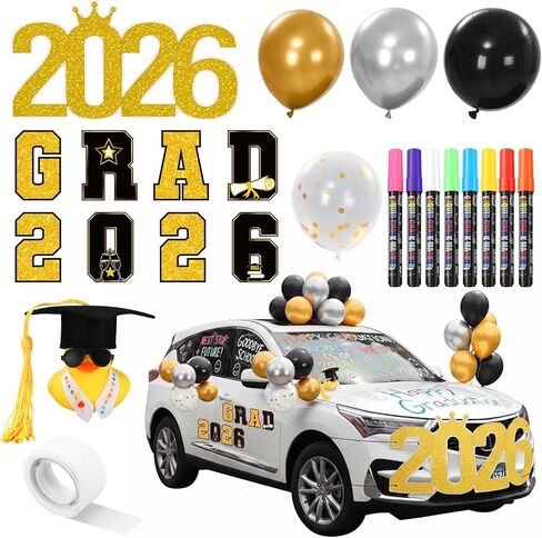 Junkin 39 Pcs Graduation Car Decoration Grad 2026 Magnet Balloon 8 Color Liquid Chalk Marker Car Sign Rubber Grad Cap Duck Set for Class of 2026 High School Senior College Prom Party Parad Float Decor in Kuwait