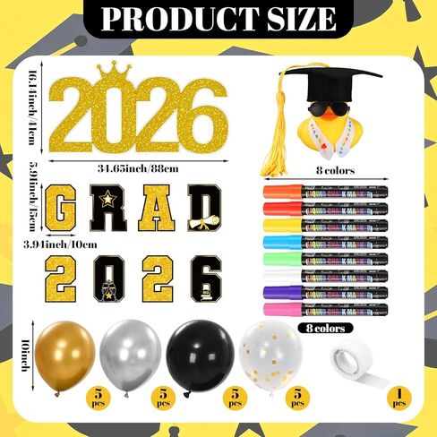 Junkin 39 Pcs Graduation Car Decoration Grad 2026 Magnet Balloon 8 Color Liquid Chalk Marker Car Sign Rubber Grad Cap Duck Set for Class of 2026 High School Senior College Prom Party Parad Float Decor in Kuwait