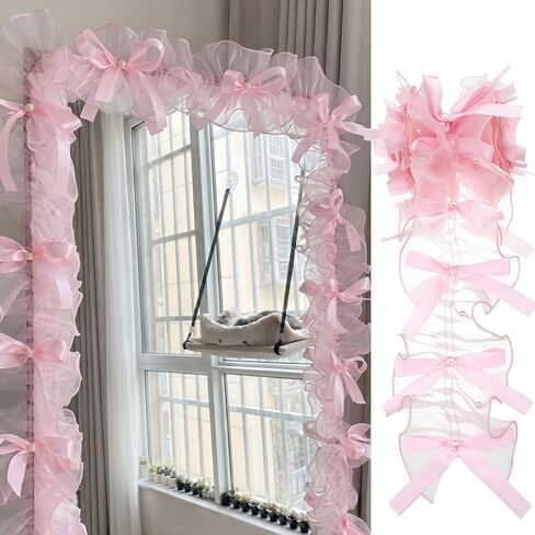 Pink Bow Lace Mirror Frame Trim 9.84 ft Coquette Mirror Border Roll with Ruffle and Pearls Cute Decorative Edging Trim for Mirrors, Vanity Decor, Girl's Preppy Bedroom Bathroom DIY Decoration in Kuwait