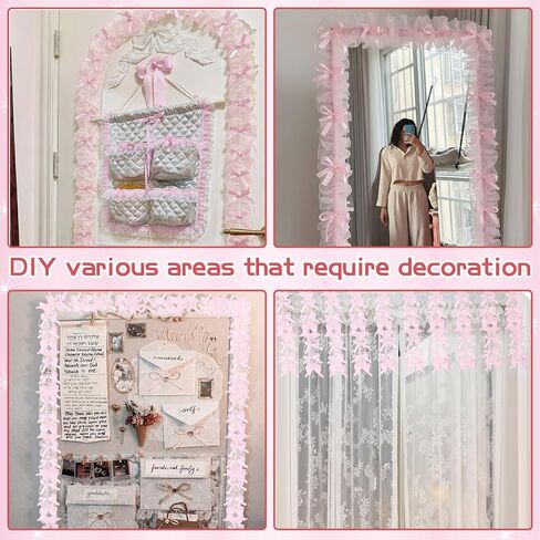 Pink Bow Lace Mirror Frame Trim 9.84 ft Coquette Mirror Border Roll with Ruffle and Pearls Cute Decorative Edging Trim for Mirrors, Vanity Decor, Girl's Preppy Bedroom Bathroom DIY Decoration in Kuwait