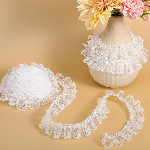 11 Yards White Lace Ruffle Trim, Pleated Organza Trim Ribbon, Polyester Fabric Ribbon for Bridal Wedding Crafts Sewing DIY(White) in Kuwait