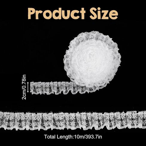 11 Yards White Lace Ruffle Trim, Pleated Organza Trim Ribbon, Polyester Fabric Ribbon for Bridal Wedding Crafts Sewing DIY(White) in Kuwait
