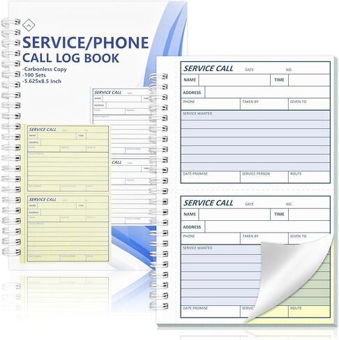 100 Sets Service Call Log Book 5 5/8 x 8 1/2" 2 Part Carbonless 2 Message Sets per Page Phone Call Log Book Phone Message Book Invoice Receipt Book for Repair Service (1) in Saudi Arabia