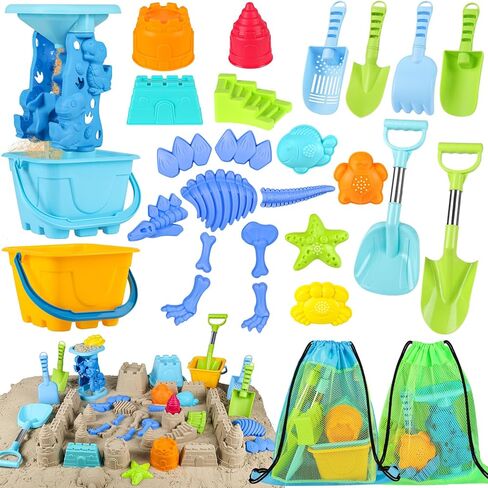 Beach Toys for Kids Toddlers, Sand Castle Toys with Bucket, Water Wheel, Long Shovel, Dinosaur Travel Sand Toys for Beach & Mesh Bag, Sandbox Essentials Toy for Toddlers Kids Baby Boys Girls Age 3-10 in Kuwait