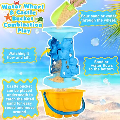 Beach Toys for Kids Toddlers, Sand Castle Toys with Bucket, Water Wheel, Long Shovel, Dinosaur Travel Sand Toys for Beach & Mesh Bag, Sandbox Essentials Toy for Toddlers Kids Baby Boys Girls Age 3-10 in Kuwait