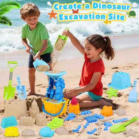 Beach Toys for Kids Toddlers, Sand Castle Toys with Bucket, Water Wheel, Long Shovel, Dinosaur Travel Sand Toys for Beach & Mesh Bag, Sandbox Essentials Toy for Toddlers Kids Baby Boys Girls Age 3-10 in Kuwait