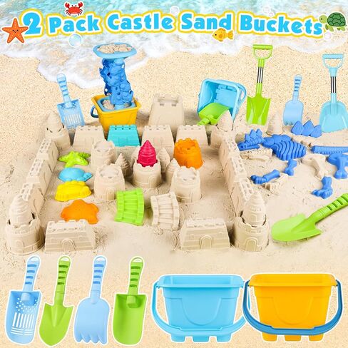 Beach Toys for Kids Toddlers, Sand Castle Toys with Bucket, Water Wheel, Long Shovel, Dinosaur Travel Sand Toys for Beach & Mesh Bag, Sandbox Essentials Toy for Toddlers Kids Baby Boys Girls Age 3-10 in Kuwait