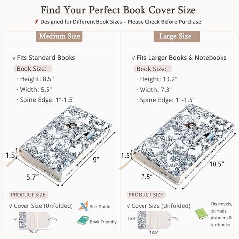 Aplufine Adjustable Fabric Book Cover with Elastic Band, Washable Reusable Book Sleeve for Hardcover Books, Textbooks, Novels & Journals, Book Protector with Pocket & Bookmark,Book Gift in Kuwait