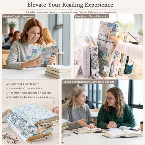 Aplufine Adjustable Fabric Book Cover with Elastic Band, Washable Reusable Book Sleeve for Hardcover Books, Textbooks, Novels & Journals, Book Protector with Pocket & Bookmark,Book Gift in Kuwait