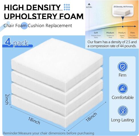 Sieral 4 Pack 18"x18"x2" Chair Foam Cushion Replacement, Upholstery Foam High Density Chair Seat Pad with Polyester, Firm Square Insert for Dining Chairs & Couch, Easy to Cut in Kuwait