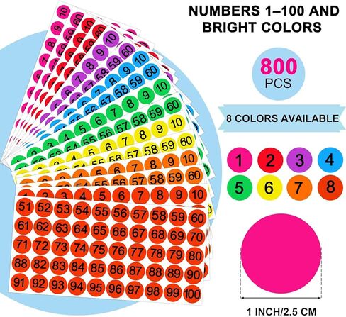 800 قطعة من ملصقات الأرقام للفصل الدراسي 1-100، ملصقات أرقام متتالية بنقطة 1 بوصة، ملصق ملون حسب الرقم، ملصق المخزون، ملصقات منقطة للمكتب، التخزين، الداخلي، الصناديق (8 ألوان) in Kuwait