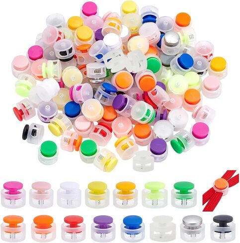 PH PandaHall 120pcs 15 Colors Plastic Spring Cord Locks for Drawstring Double Hole Drawstring Stopper Fastener, 16.5mm Clear Round Toggle Stoppers for Bags Shoelaces Sweatpant Hat Backpacks in Kuwait