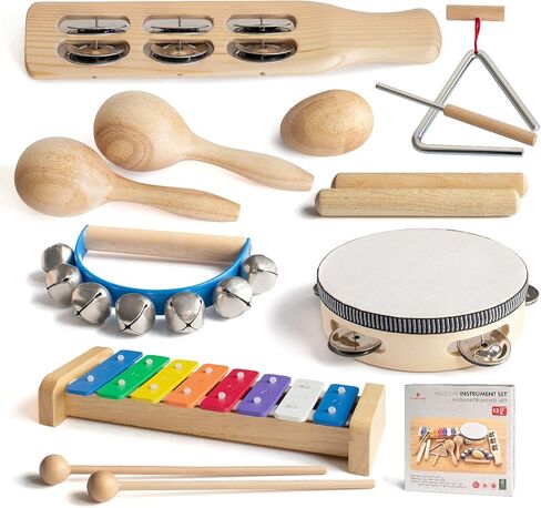 Musical Instrument Set for Toddler Baby Kid Wooden Percussion Instrument Musical Toys Xylophone Maracas Egg Shaker Tambourine Triangle Instrument for Boys Girls in Kuwait