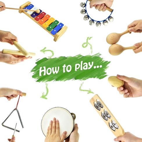 Musical Instrument Set for Toddler Baby Kid Wooden Percussion Instrument Musical Toys Xylophone Maracas Egg Shaker Tambourine Triangle Instrument for Boys Girls in Kuwait