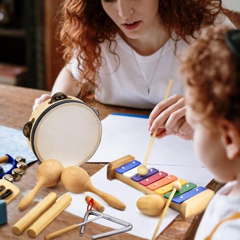 Musical Instrument Set for Toddler Baby Kid Wooden Percussion Instrument Musical Toys Xylophone Maracas Egg Shaker Tambourine Triangle Instrument for Boys Girls in Kuwait